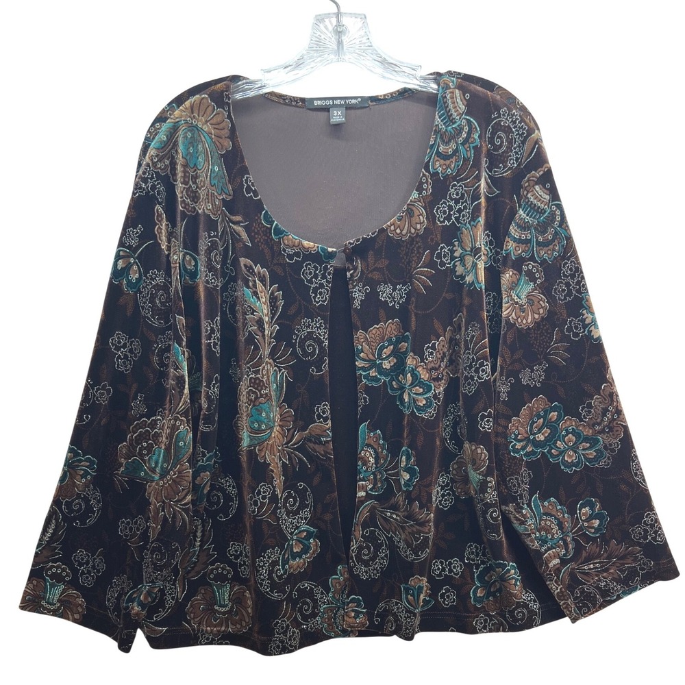 Briggs New York Brown Floral Velvet Cardigan Plus Size 3X Glitter Shimmer Top